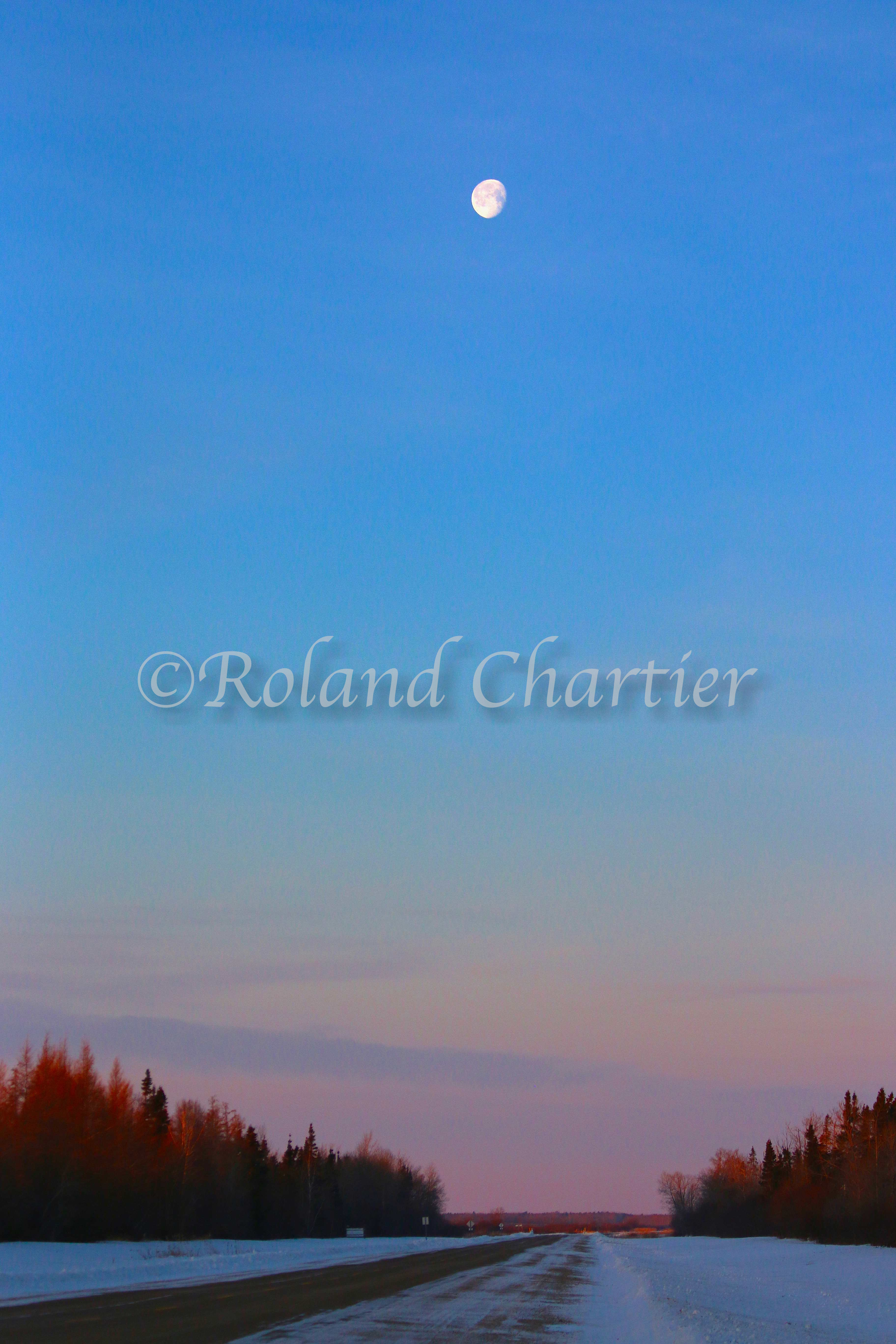 A moon in a crisp winter night's sky above a country road